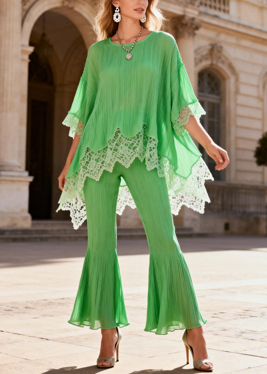 Loose Light Green Low High Design Lace Patchwork Two Piece Set Half Sleeve