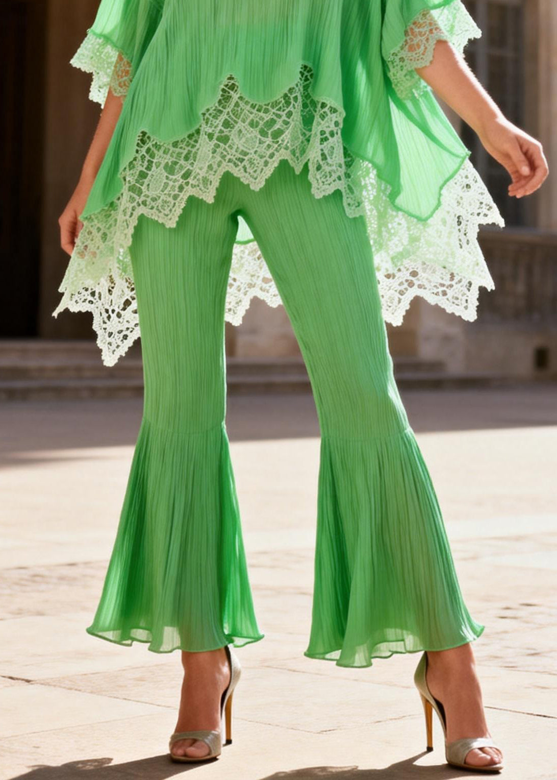 Loose Light Green Low High Design Lace Patchwork Two Piece Set Half Sleeve