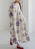 Loose Light Green O-Neck Print Pockets Vacation Long Dresses Bracelet Sleeve