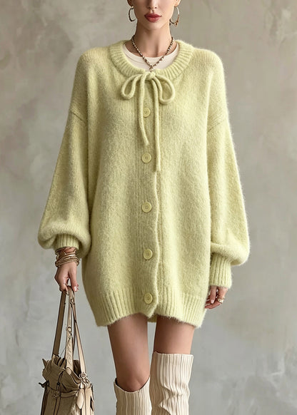 Loose Light Green Tie Lace Solid Cotton Knit Cardigan Fall