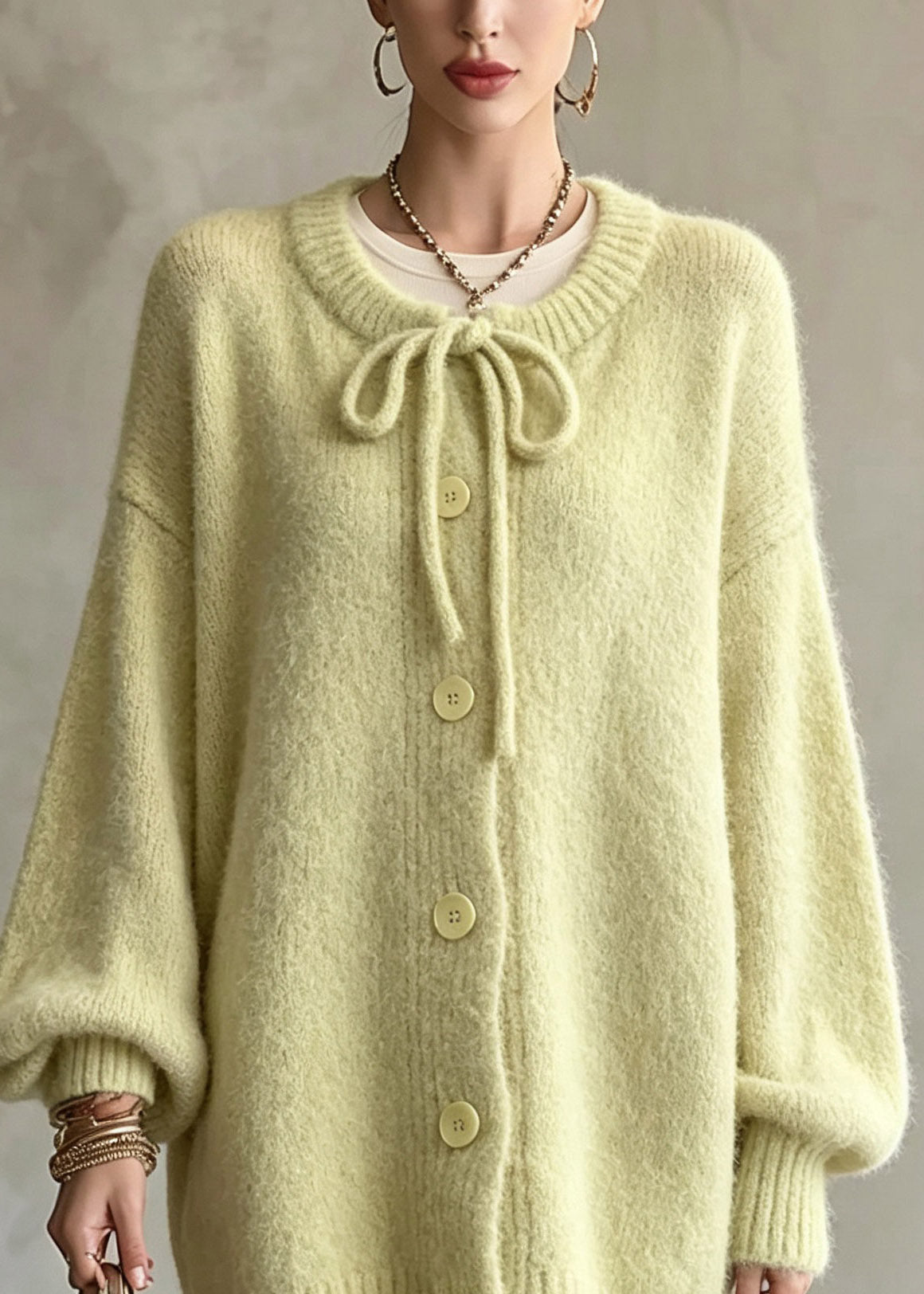 Loose Light Green Tie Lace Solid Cotton Knit Cardigan Fall