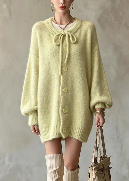 Loose Light Green Tie Lace Solid Cotton Knit Cardigan Fall