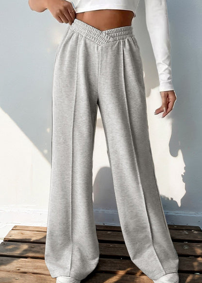 Loose Light Grey Elastic Waist Solid Cotton Pants Spring