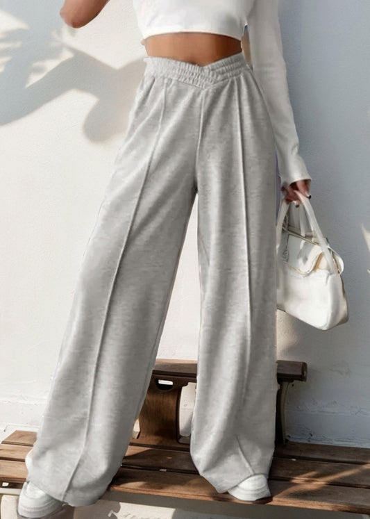 Loose Light Grey Elastic Waist Solid Cotton Pants Spring