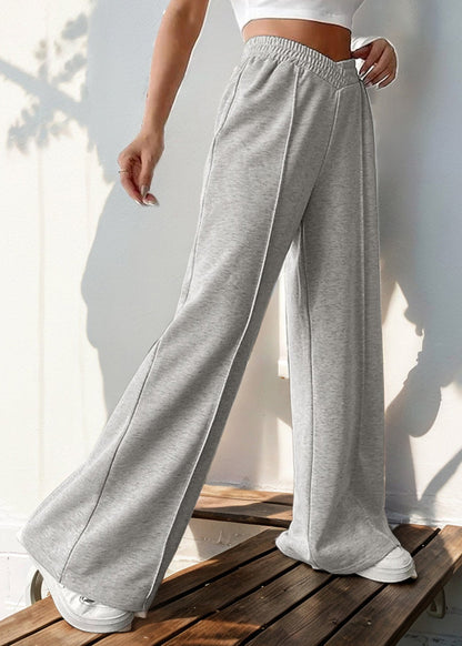 Loose Light Grey Elastic Waist Solid Cotton Pants Spring