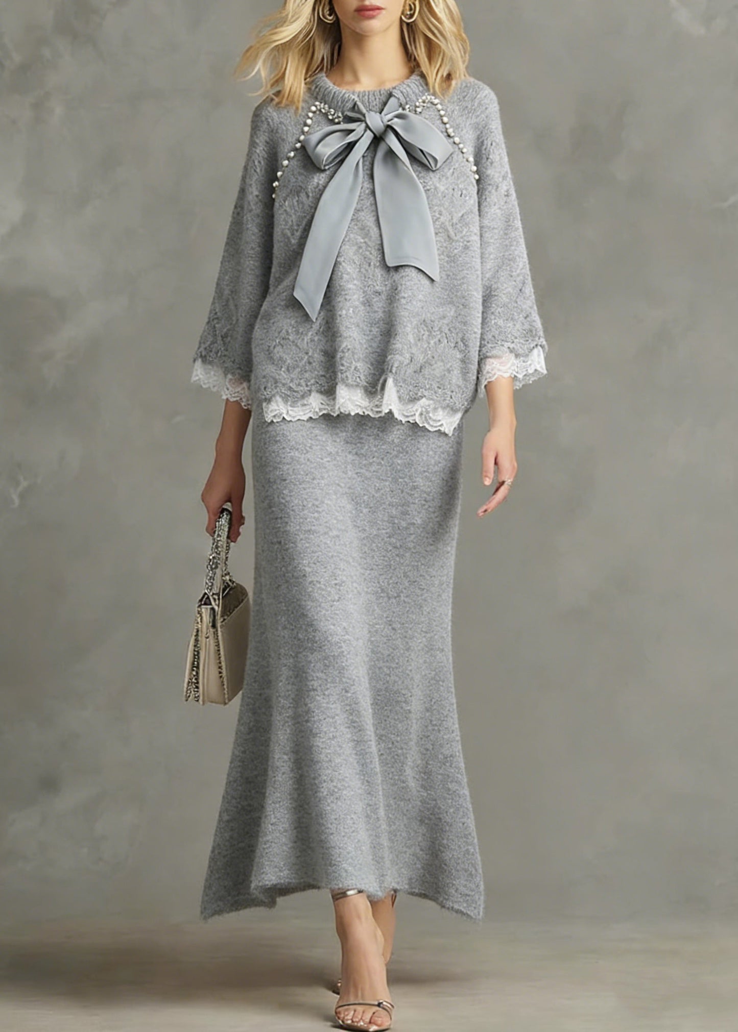 Loose Light Grey Nail Bead Lace Patchwork Knit Two Piece Set Spring