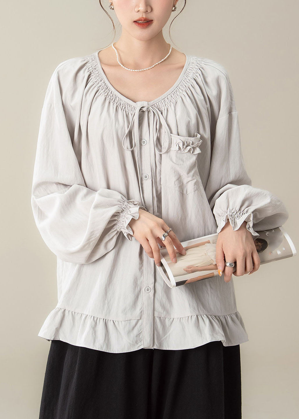 Loose Light Grey Ruffled Patchwork Solid Shirts Fall