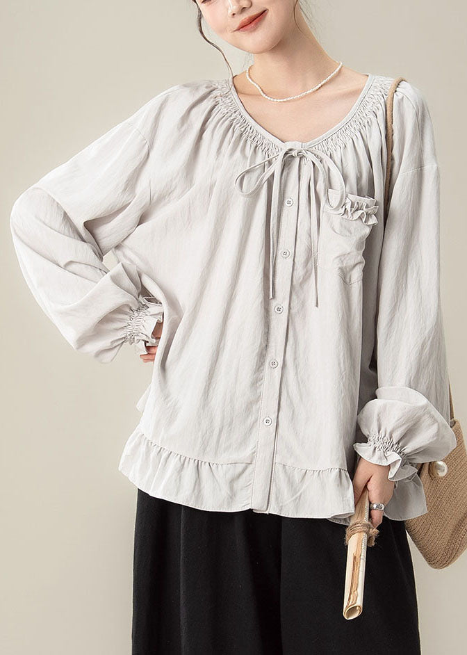 Loose Light Grey Ruffled Patchwork Solid Shirts Fall