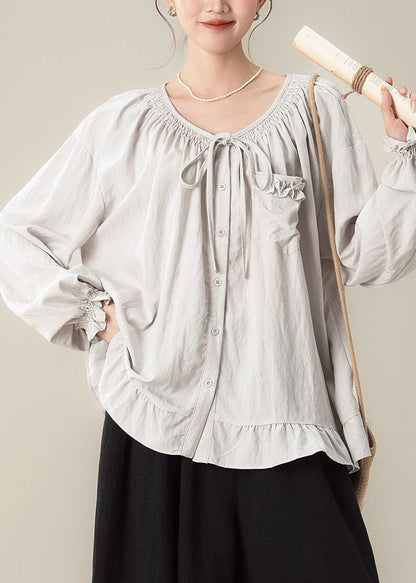 Loose Light Grey Ruffled Patchwork Solid Shirts Fall