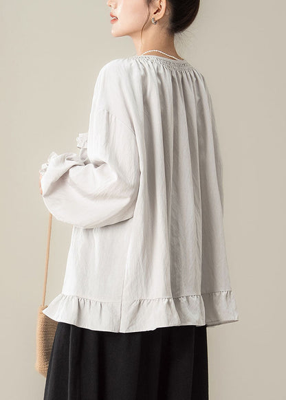 Loose Light Grey Ruffled Patchwork Solid Shirts Fall