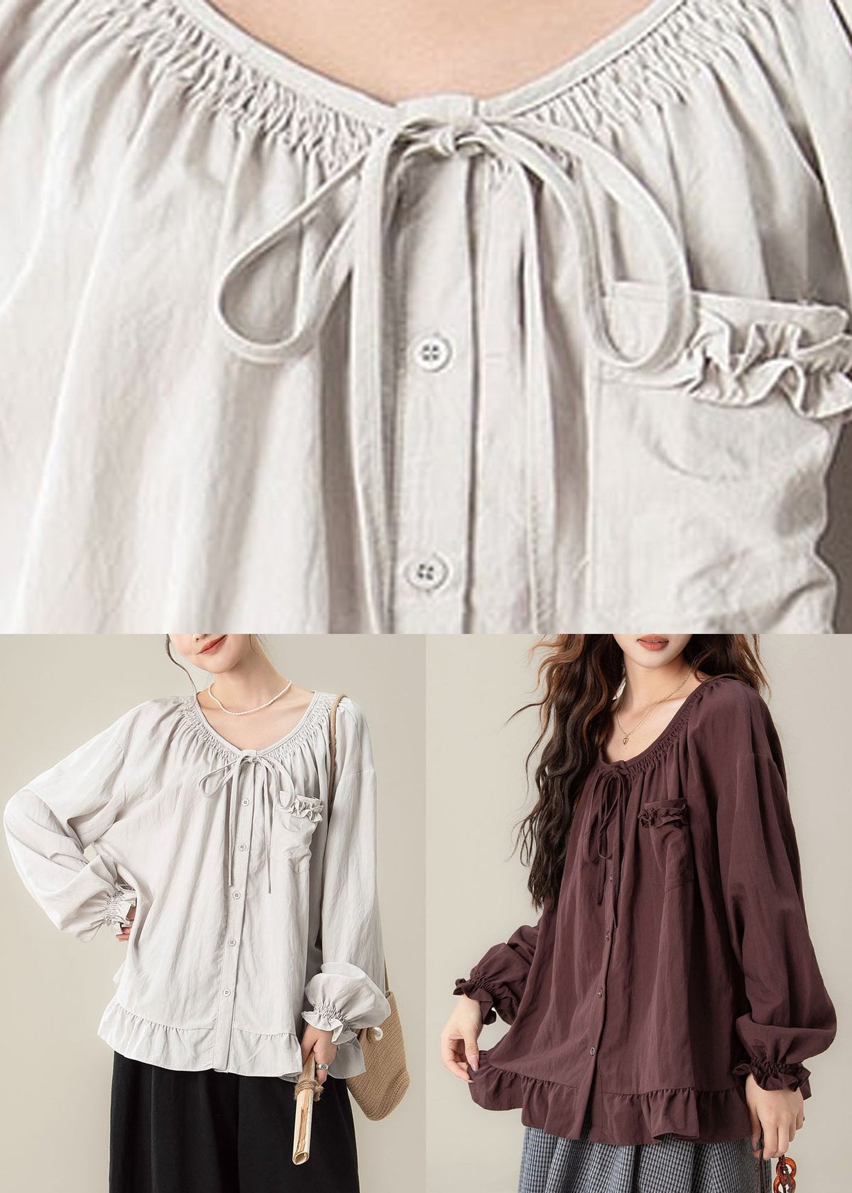 Loose Light Grey Ruffled Patchwork Solid Shirts Fall
