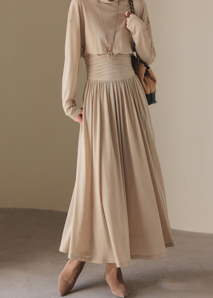 Loose Light Khaki Turtle Neck Tunic Long Dress Spring