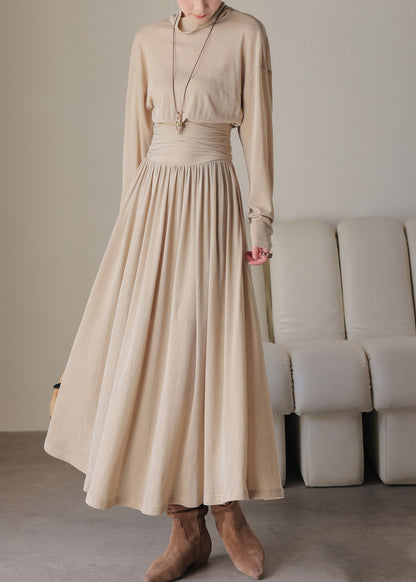 Loose Light Khaki Turtle Neck Tunic Long Dress Spring