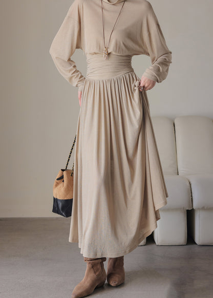Loose Light Khaki Turtle Neck Tunic Long Dress Spring