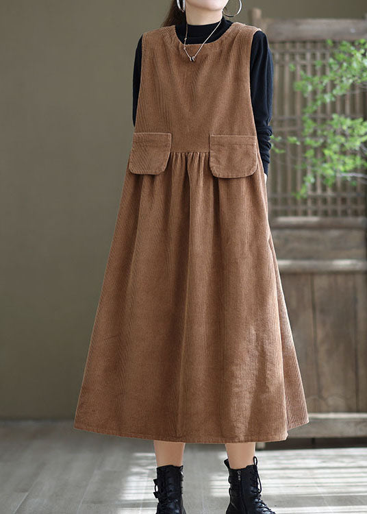 Loose Light Orange O-Neck Patchwork Corduroy Party Dress Sleeveless