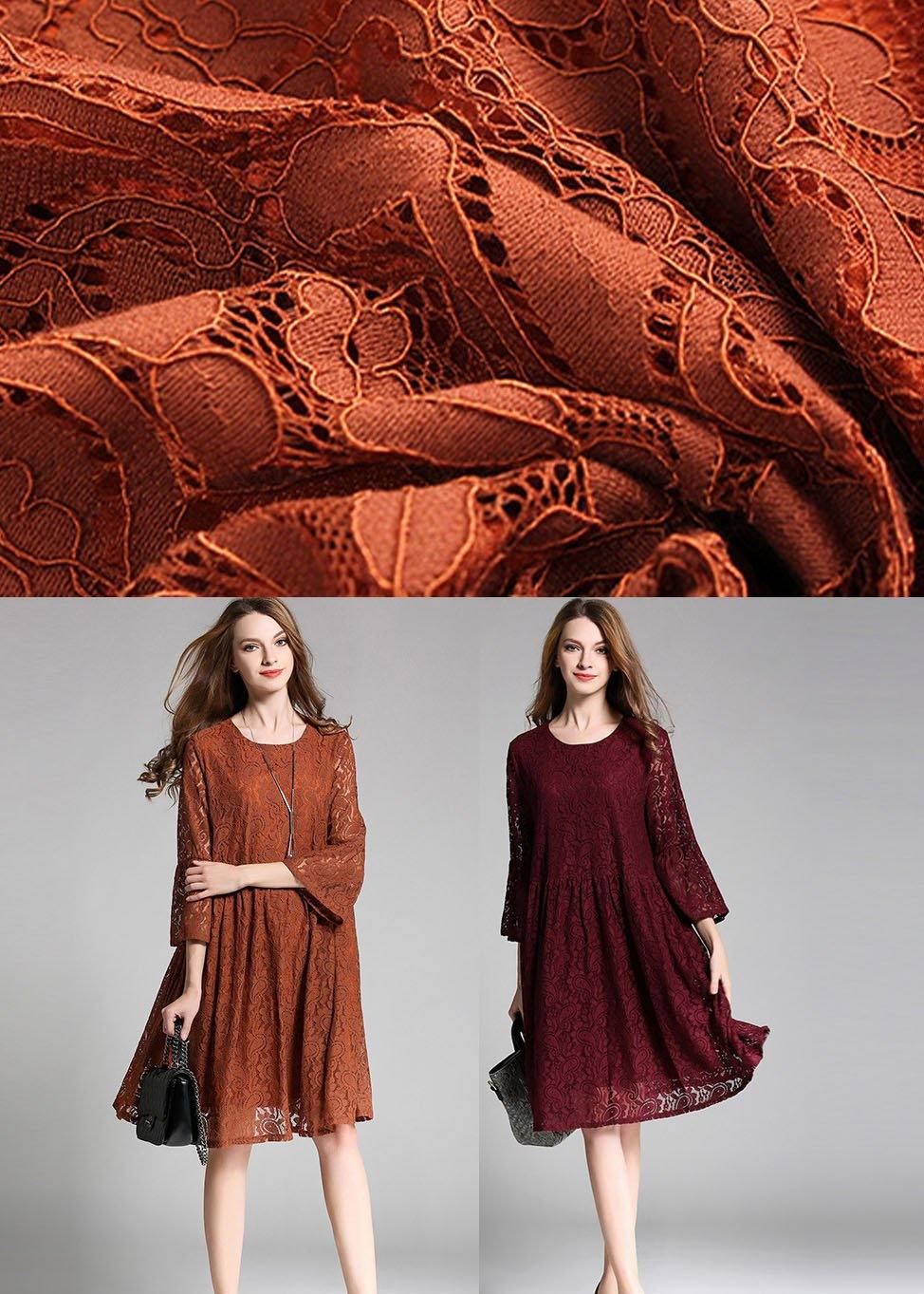 Loose Mulberry Lace Wrinkled Spring Long Dress Three Quarter Sleeve - SooLinen