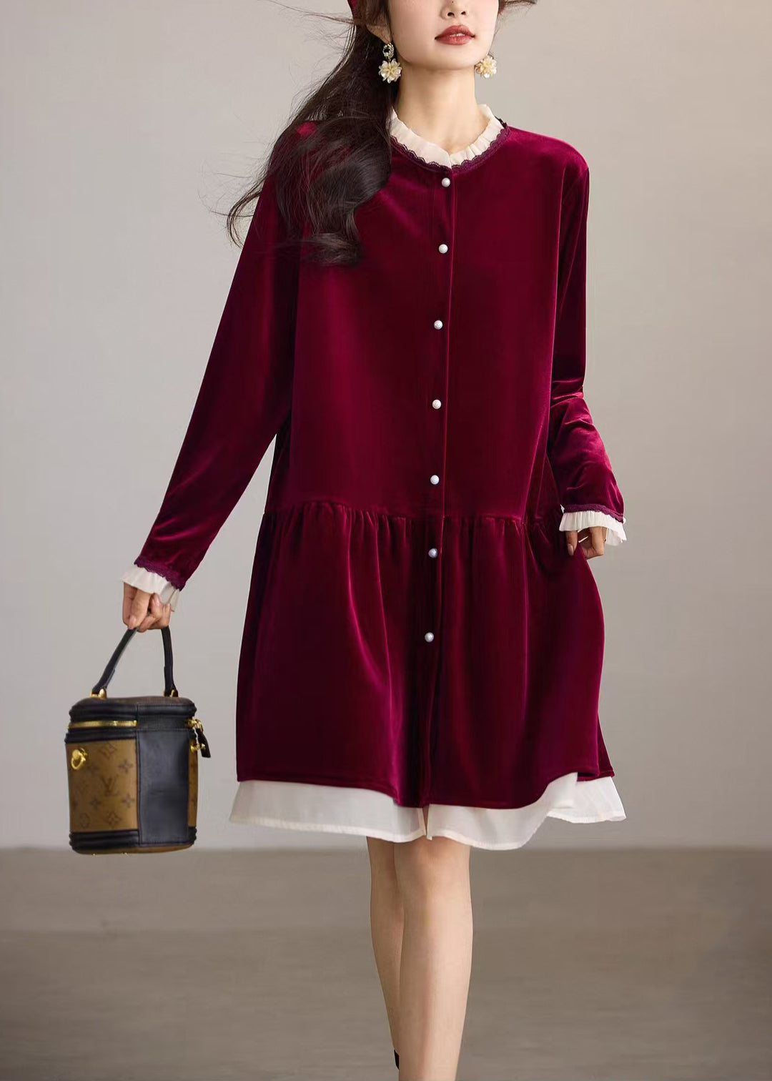 Loose Mulberry O-Neck Ruffled Velour Midi Dress Fall
