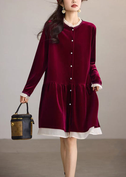 Loose Mulberry O-Neck Ruffled Velour Midi Dress Fall