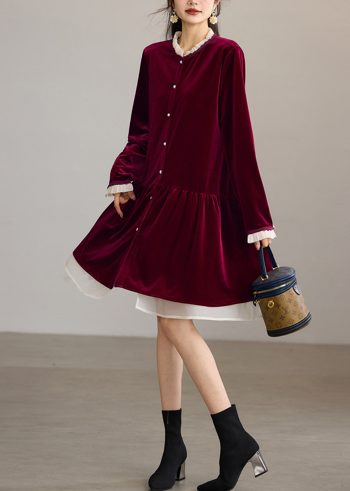 Loose Mulberry O-Neck Ruffled Velour Midi Dress Fall