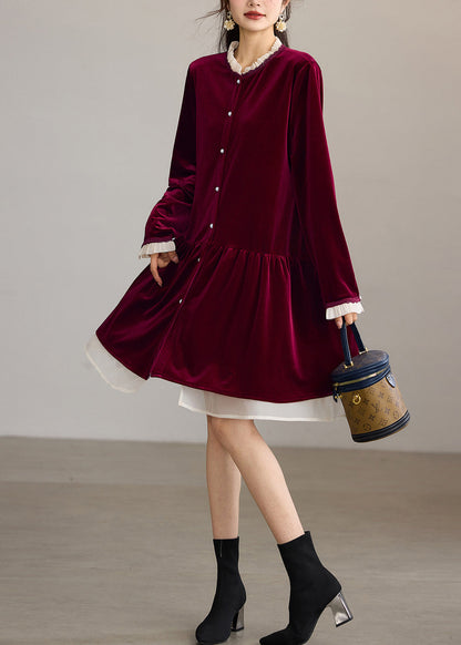 Loose Mulberry O-Neck Ruffled Velour Midi Dress Fall