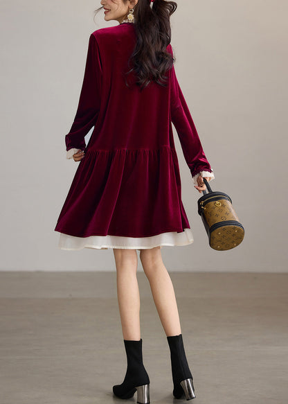 Loose Mulberry O-Neck Ruffled Velour Midi Dress Fall