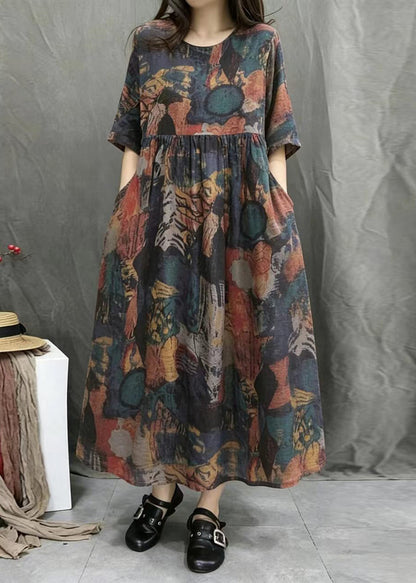 Loose Multicolor Print O-Neck Exra Large Hem Dress Summer