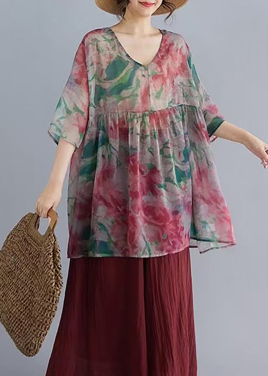 Loose Multicolor V Neck Print Babydoll Shirt Summer