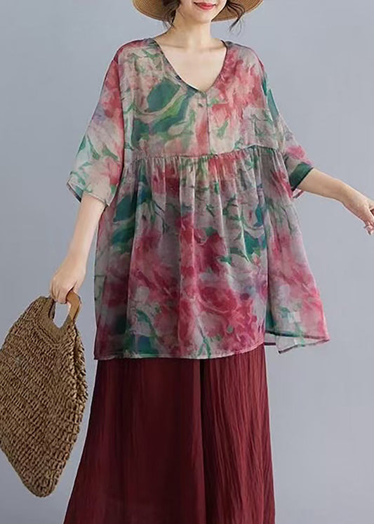 Loose Multicolor V Neck Print Babydoll Shirt Summer