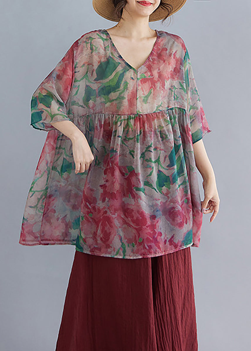 Loose Multicolor V Neck Print Babydoll Shirt Summer