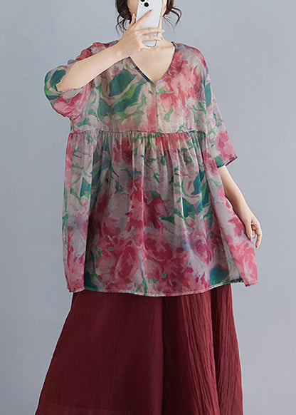 Loose Multicolor V Neck Print Babydoll Shirt Summer