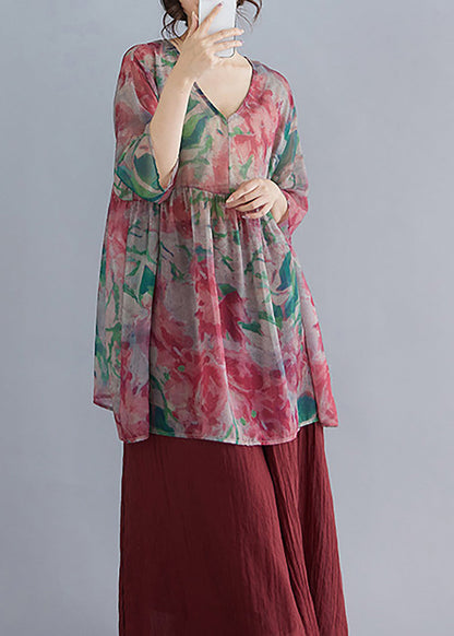 Loose Multicolor V Neck Print Babydoll Shirt Summer