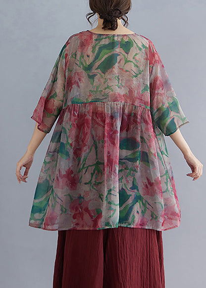 Loose Multicolor V Neck Print Babydoll Shirt Summer