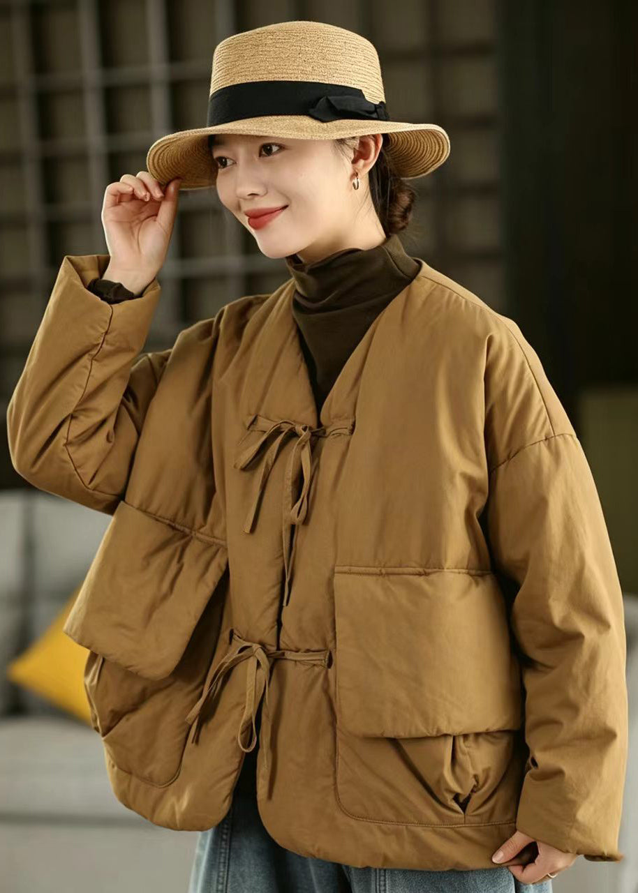Loose Mustard Yellow V Neck Lace Up Big Pockets Cotton Filled Puffer Jacket Winter