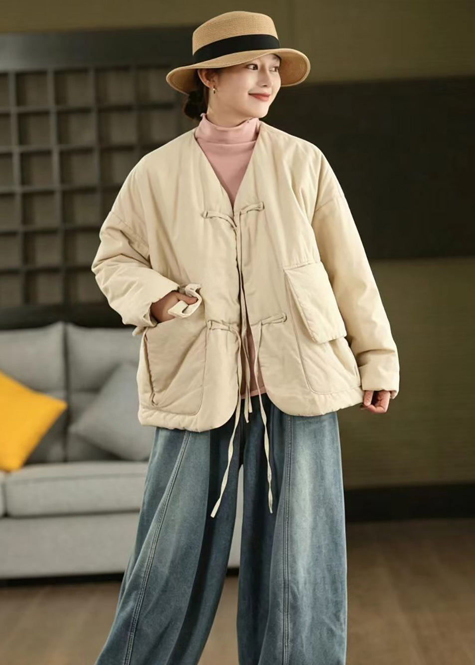 Loose Mustard Yellow V Neck Lace Up Big Pockets Cotton Filled Puffer Jacket Winter