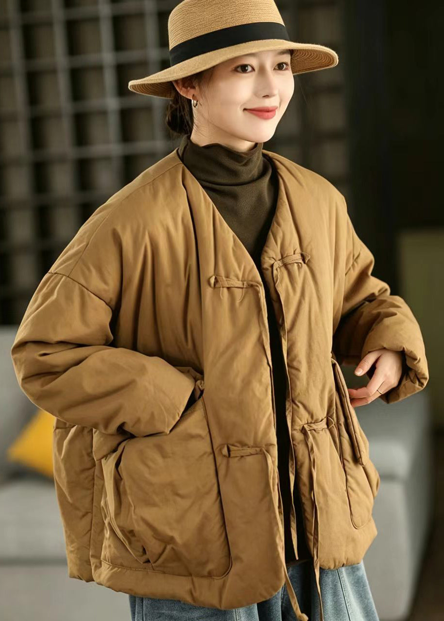 Loose Mustard Yellow V Neck Lace Up Big Pockets Cotton Filled Puffer Jacket Winter
