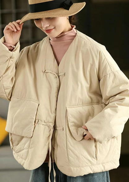 Loose Mustard Yellow V Neck Lace Up Big Pockets Cotton Filled Puffer Jacket Winter