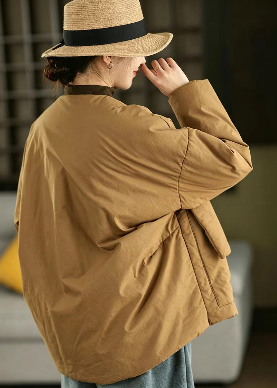 Loose Mustard Yellow V Neck Lace Up Big Pockets Cotton Filled Puffer Jacket Winter