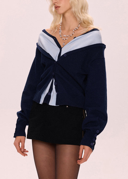 Loose Navy Button False Two Pieces Patchwork Knit Sweater Fall