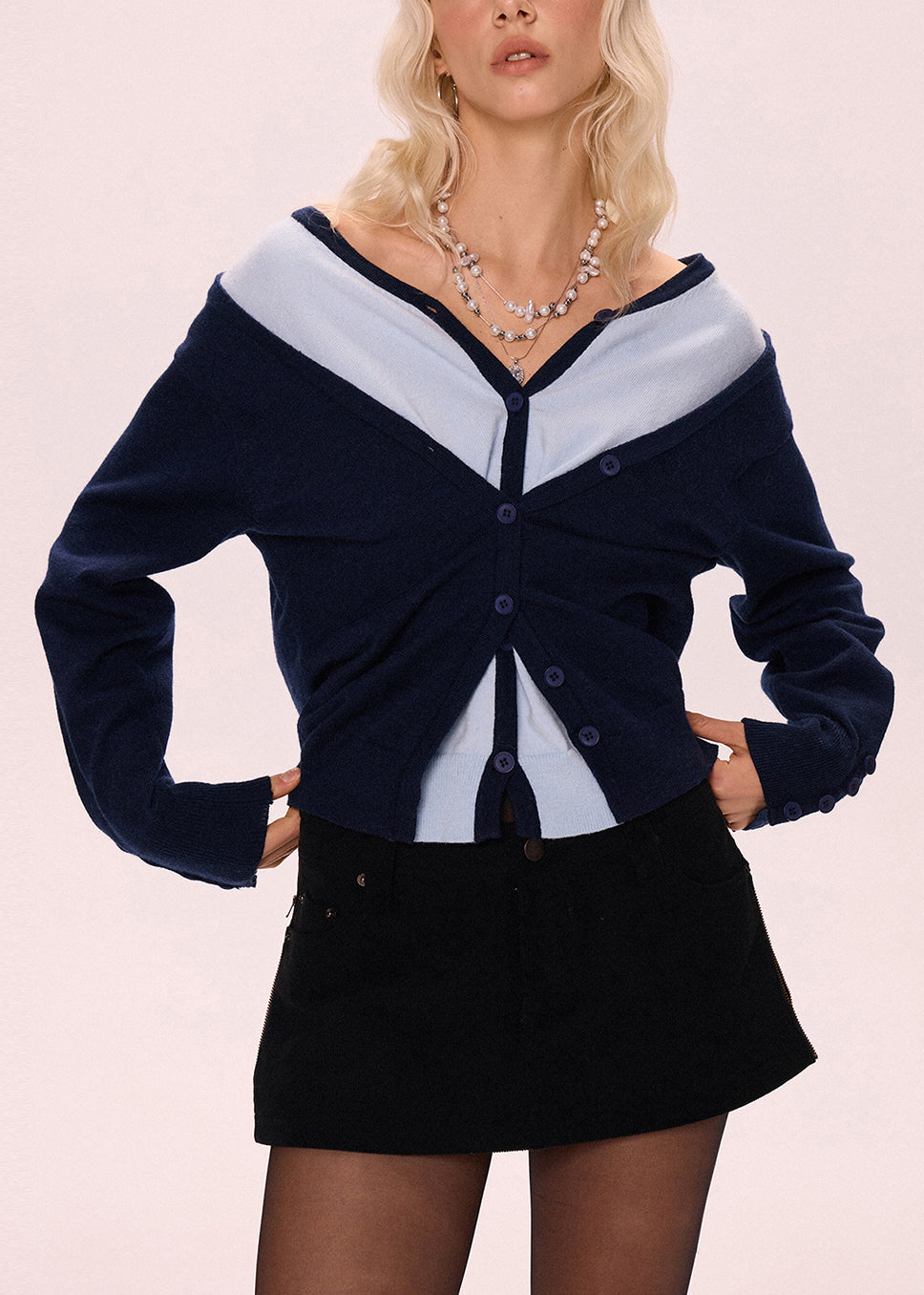 Loose Navy Button False Two Pieces Patchwork Knit Sweater Fall