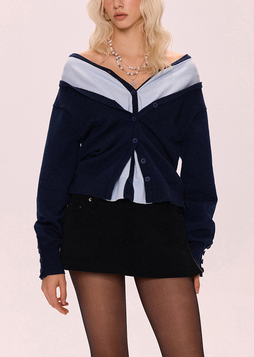 Loose Navy Button False Two Pieces Patchwork Knit Sweater Fall