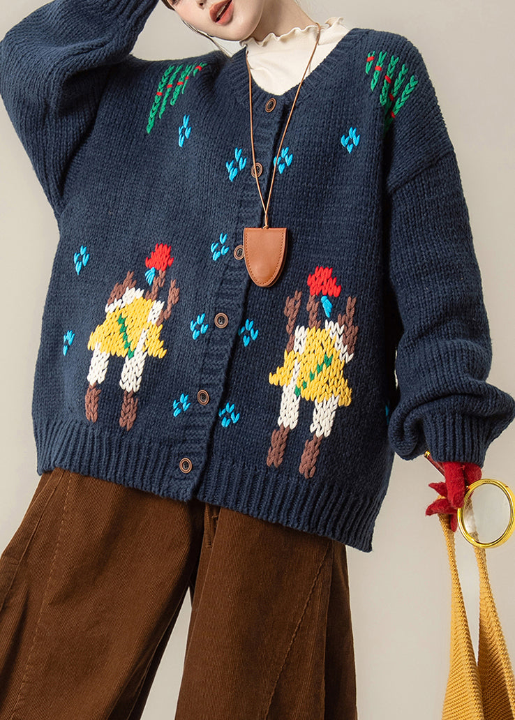 Loose Navy Embroidered Button Knit Coats Spring