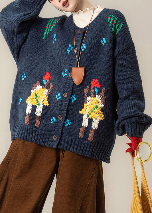 Loose Navy Embroidered Button Knit Coats Spring