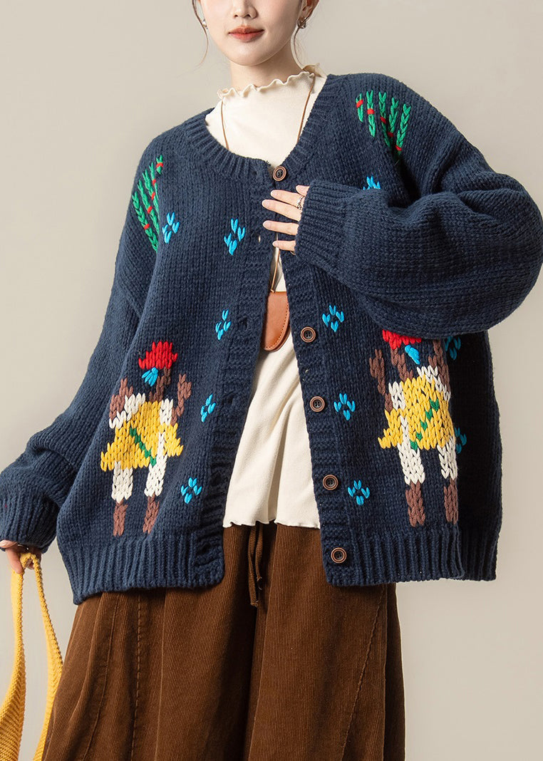 Loose Navy Embroidered Button Knit Coats Spring