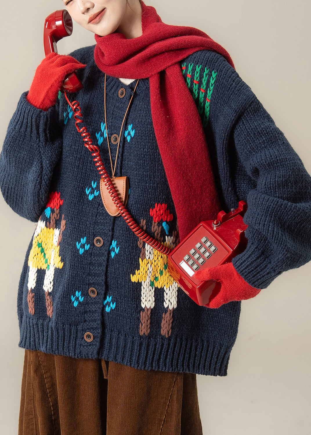 Loose Navy Embroidered Button Knit Coats Spring