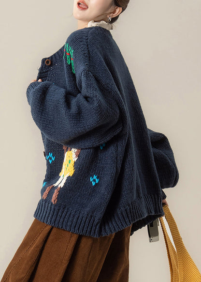 Loose Navy Embroidered Button Knit Coats Spring