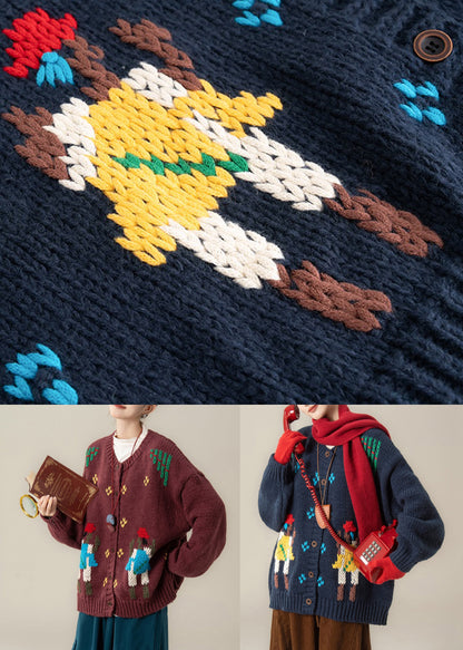 Loose Navy Embroidered Button Knit Coats Spring