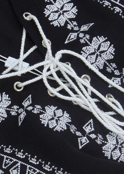 Loose Navy Embroidered Lace Up Cotton Mid Dress Bracelet Sleeve