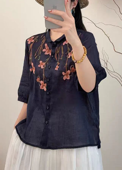 Loose Navy Embroidered Linen Shirts Summer