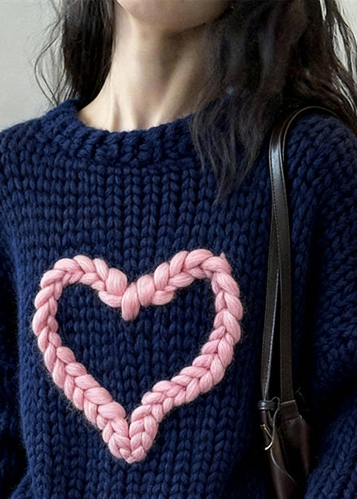 Loose Navy O Neck Loving Heart Cozy Knit Sweater Winter