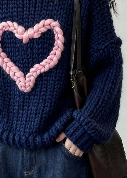 Loose Navy O Neck Loving Heart Cozy Knit Sweater Winter